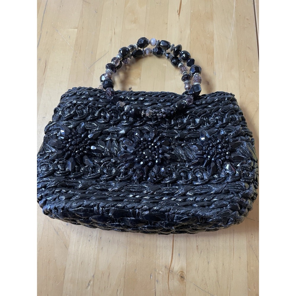 Capelli Straworld Black Straw Beaded Handbag Small Stone Handle Purse